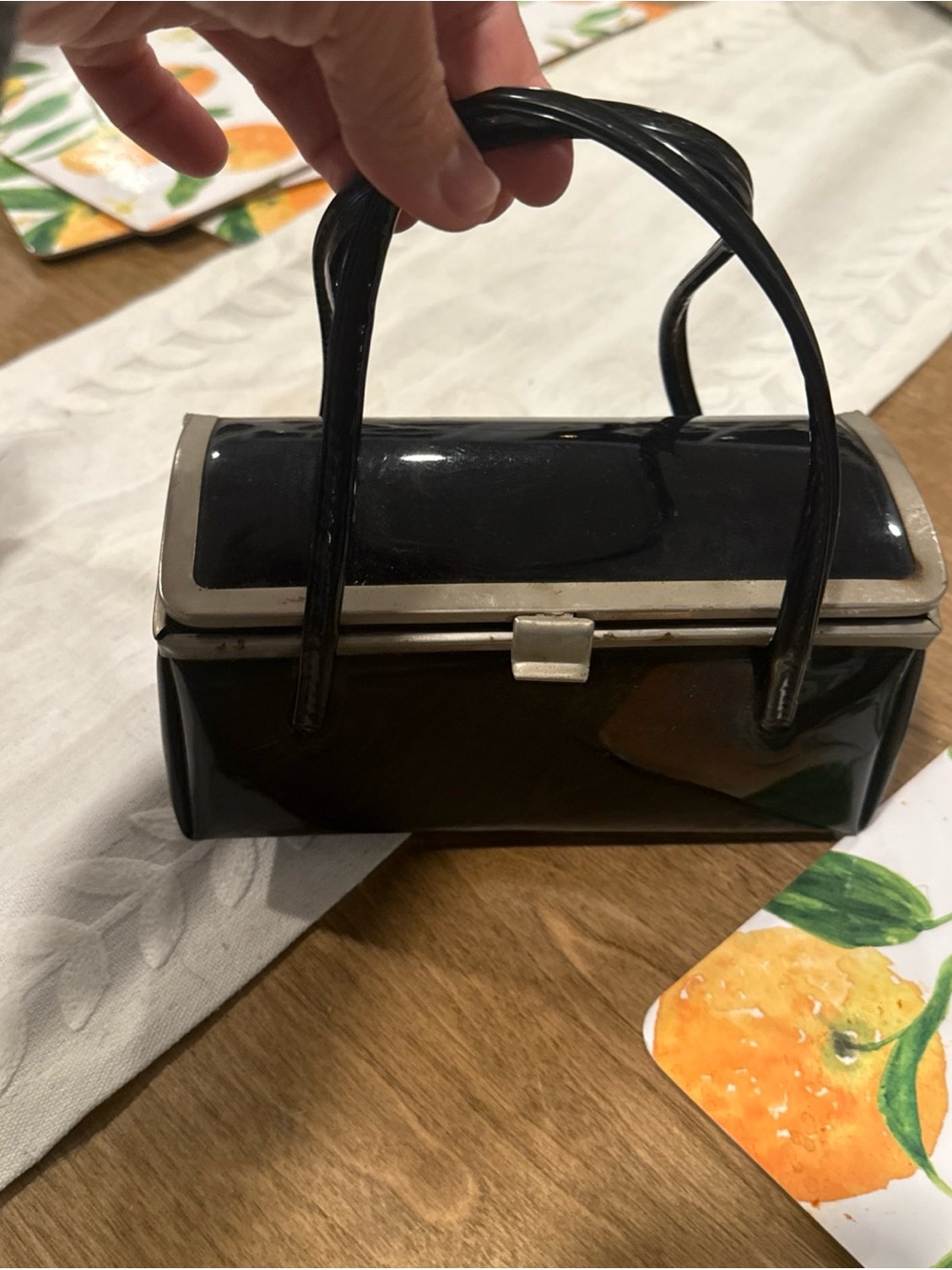 Black Patent Mini Top-Handle Bag with Silver Trim vintage mid century